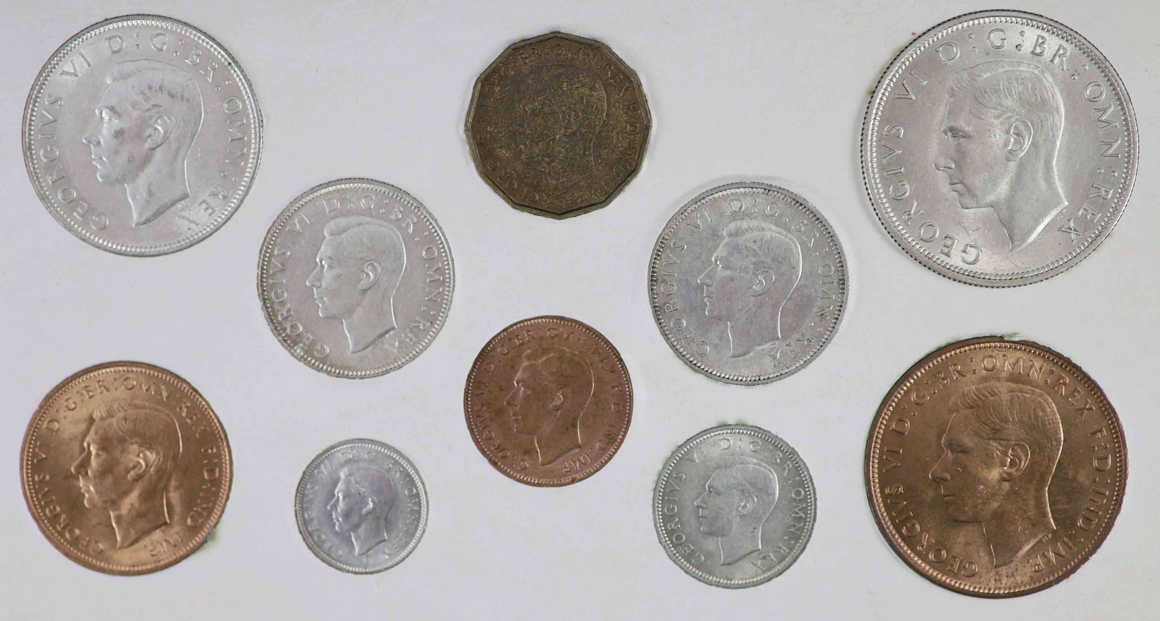 George VI specimen coin sets for 1938, 1939, 1940, 1941, 1942 and 1943, first coinage, the majority about EF or better